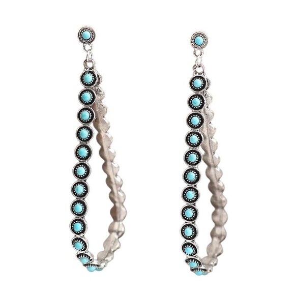 Western Earrings Pierced Faux Blue Turquoise Silver Tone Chandelier Southwest - Picture 1 of 5